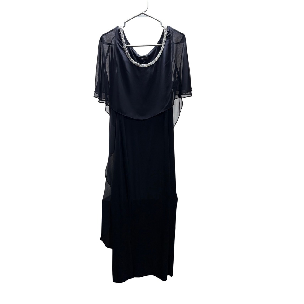 Glamour by Nights Black Chiffon Capelet Gown Rhinestone Neck Maxi Dress Size 14